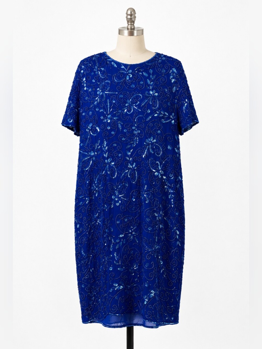 Vintage Adrianna Papell Evening 100% Silk Beaded Sequin Dress Royal Blue Size 24